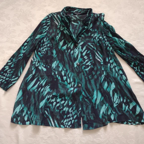 Ming Wang Teal and Black Patterned swing jacket blazer wired collar - Picture 1 of 9